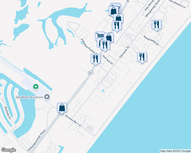 map of restaurants, bars, coffee shops, grocery stores, and more near 2621 Texas 361 in Port Aransas