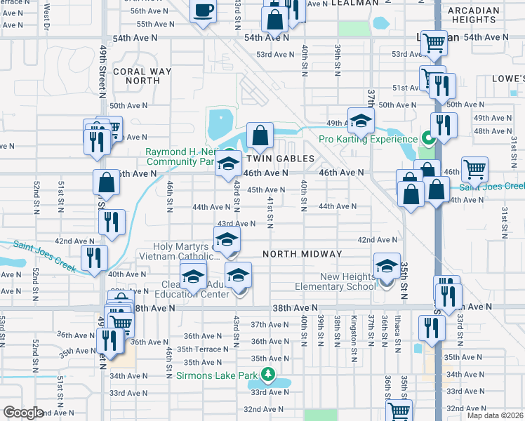 map of restaurants, bars, coffee shops, grocery stores, and more near 4104 44th Avenue North in Saint Petersburg