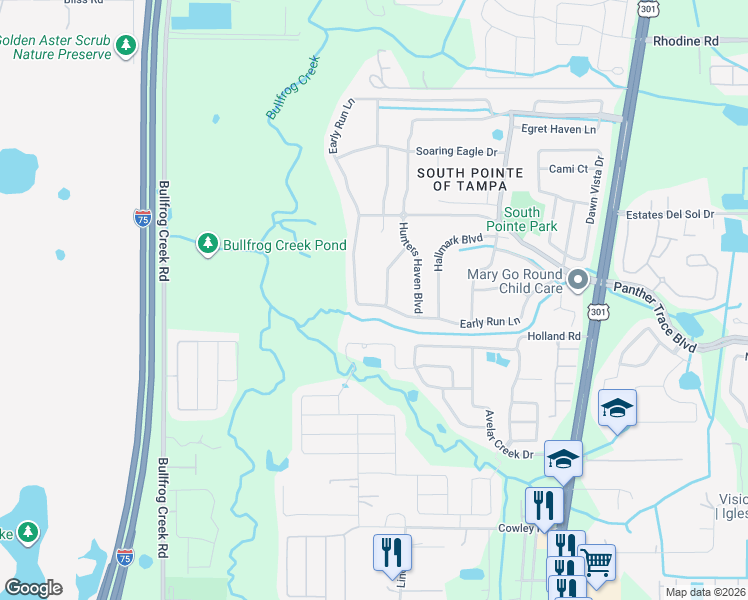 map of restaurants, bars, coffee shops, grocery stores, and more near 12825 Early Run Lane in Riverview