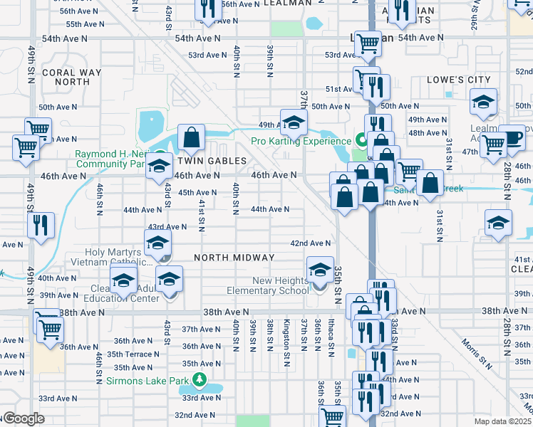 map of restaurants, bars, coffee shops, grocery stores, and more near 3819 43rd Terrace North in Saint Petersburg