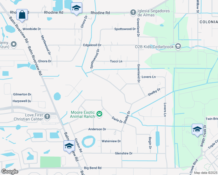 map of restaurants, bars, coffee shops, grocery stores, and more near 12531 Spottswood Drive in Riverview