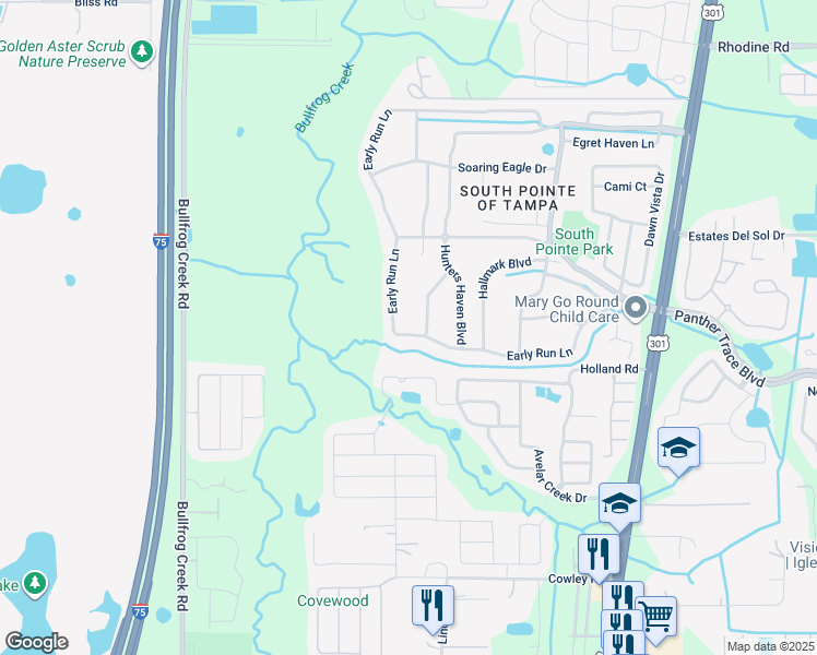 map of restaurants, bars, coffee shops, grocery stores, and more near 12825 Early Run Lane in Riverview