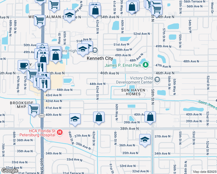 map of restaurants, bars, coffee shops, grocery stores, and more near 4356 61st Way North in Kenneth City