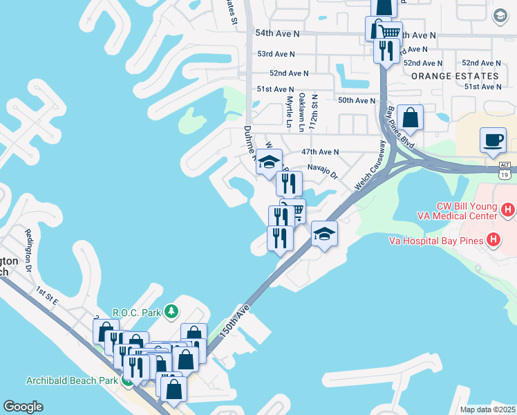 map of restaurants, bars, coffee shops, grocery stores, and more near 4525 Cove Circle in St. Petersburg