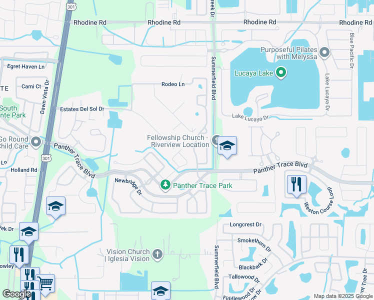 map of restaurants, bars, coffee shops, grocery stores, and more near 12504 Safari Lane in Riverview