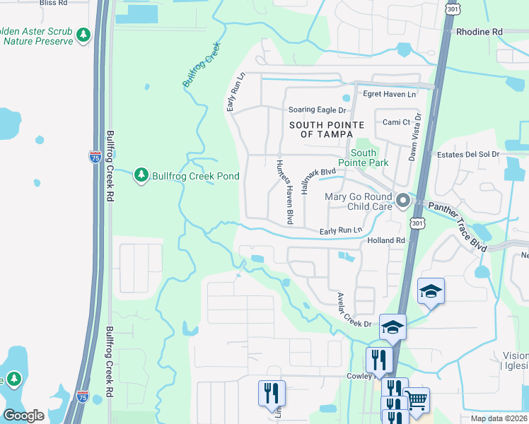 map of restaurants, bars, coffee shops, grocery stores, and more near 12825 Early Run Lane in Riverview