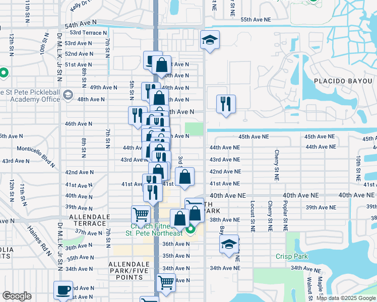 map of restaurants, bars, coffee shops, grocery stores, and more near 301 43rd Avenue Northeast in St. Petersburg