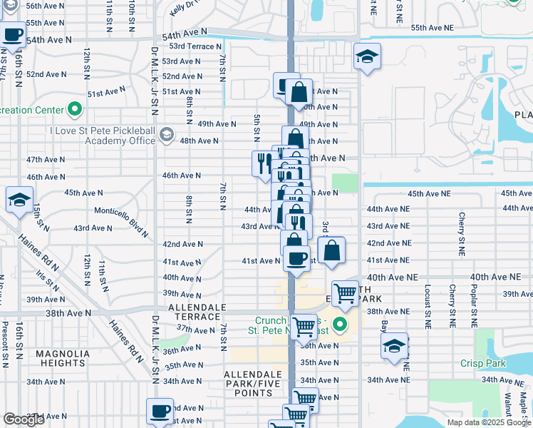 map of restaurants, bars, coffee shops, grocery stores, and more near 437 43rd Avenue North in St. Petersburg