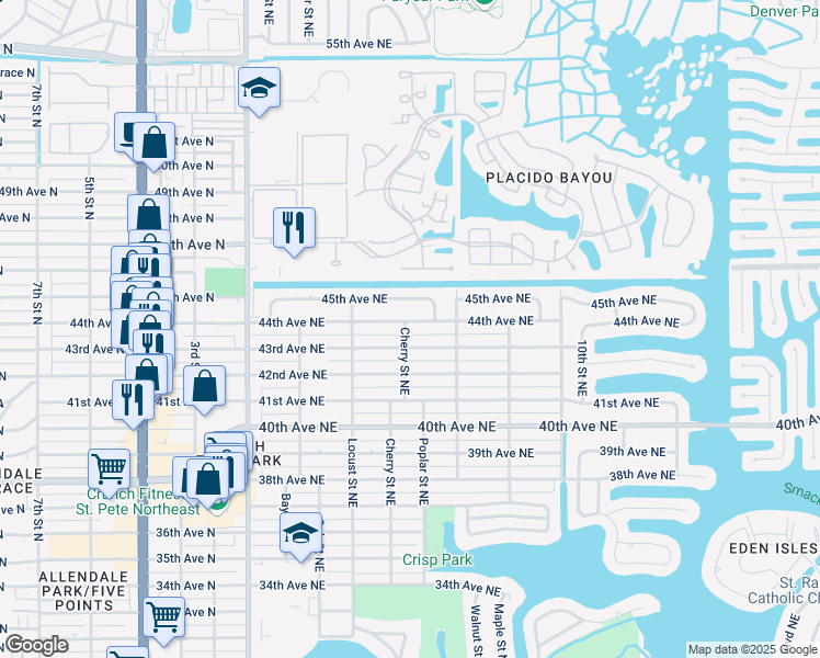 map of restaurants, bars, coffee shops, grocery stores, and more near 593 43rd Avenue Northeast in St. Petersburg