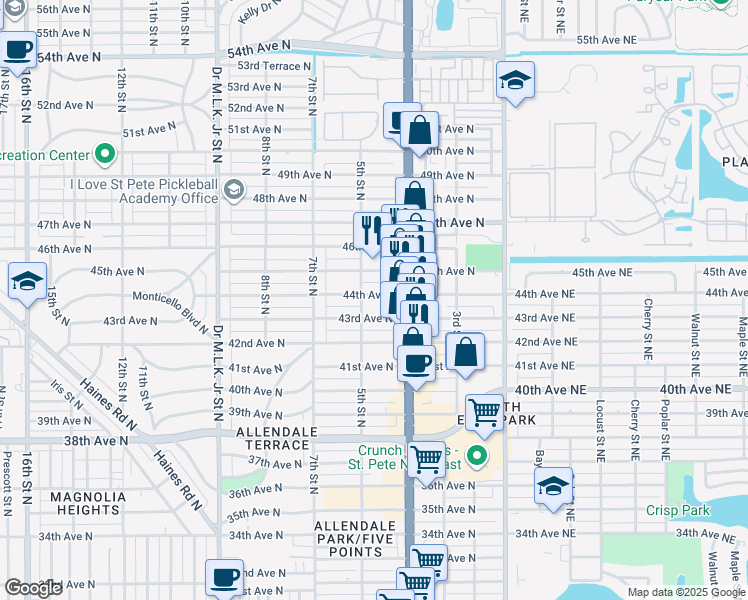 map of restaurants, bars, coffee shops, grocery stores, and more near 437 43rd Avenue North in St. Petersburg