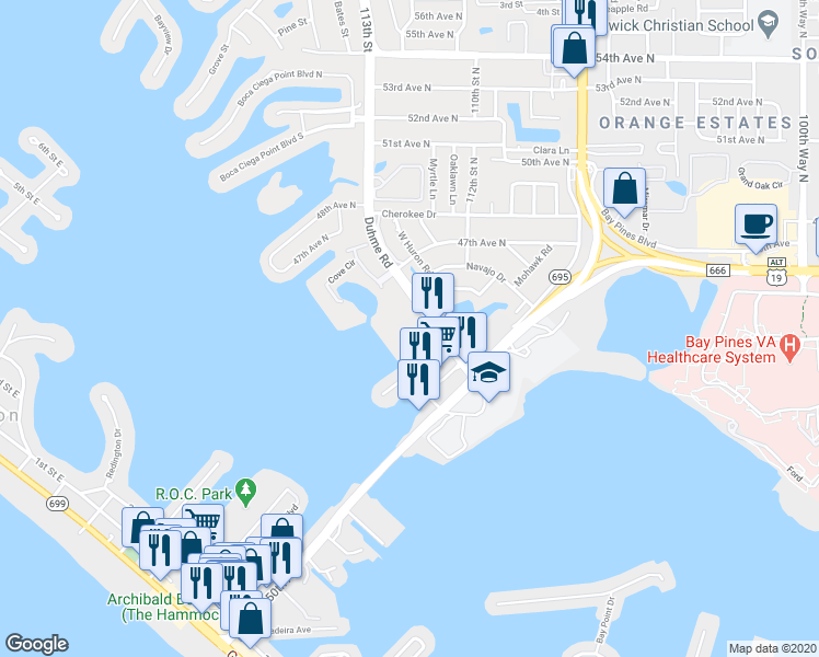 map of restaurants, bars, coffee shops, grocery stores, and more near 4550 Cove Circle in St. Petersburg