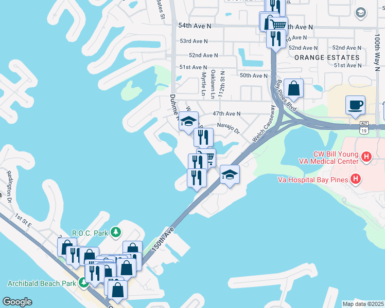 map of restaurants, bars, coffee shops, grocery stores, and more near 4570 Duhme Road in St. Petersburg