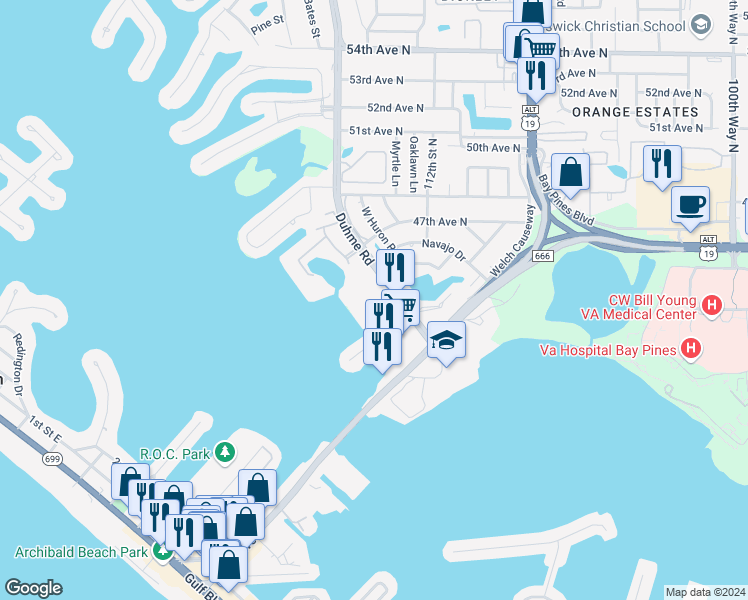 map of restaurants, bars, coffee shops, grocery stores, and more near 4550 Cove Circle in St. Petersburg