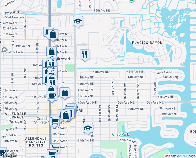 map of restaurants, bars, coffee shops, grocery stores, and more near 4314 Locust Street Northeast in St. Petersburg
