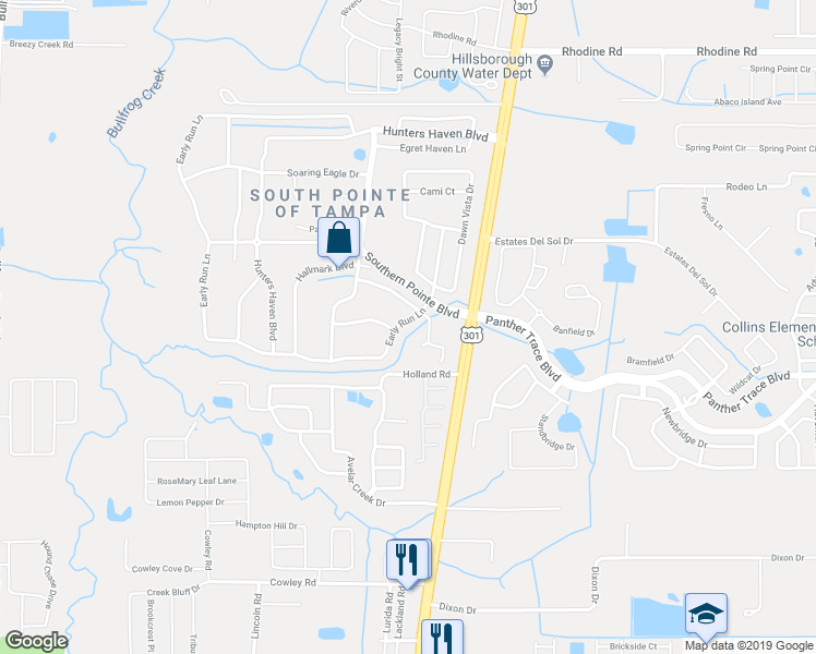 map of restaurants, bars, coffee shops, grocery stores, and more near 12514 Early Run Lane in Riverview