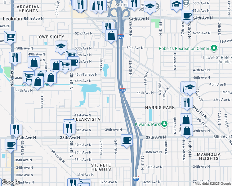 map of restaurants, bars, coffee shops, grocery stores, and more near 4391 24th Street North in St. Petersburg