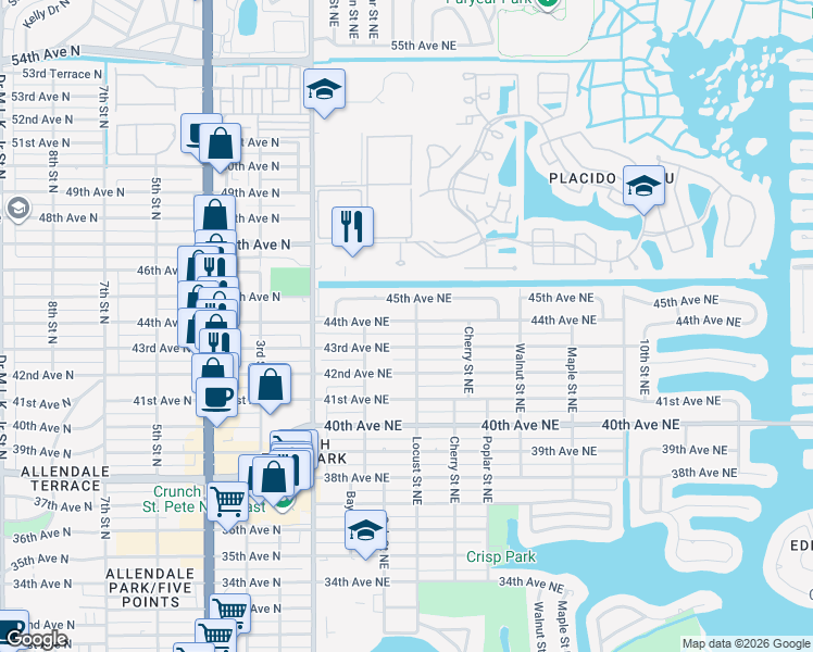 map of restaurants, bars, coffee shops, grocery stores, and more near 4314 Locust Street Northeast in St. Petersburg