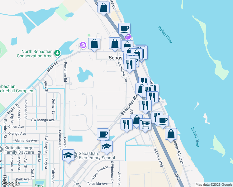 map of restaurants, bars, coffee shops, grocery stores, and more near 929 Louisiana Avenue in Sebastian