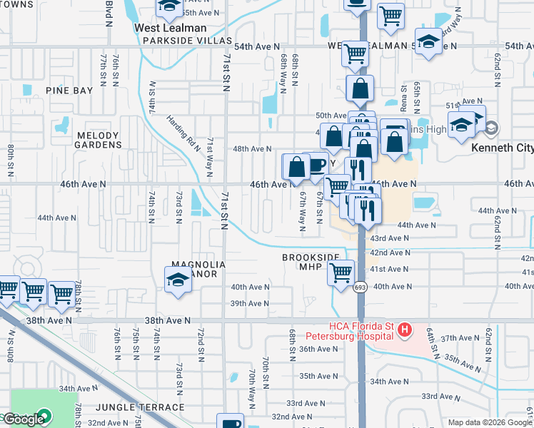 map of restaurants, bars, coffee shops, grocery stores, and more near 6950 46th Avenue North in St. Petersburg