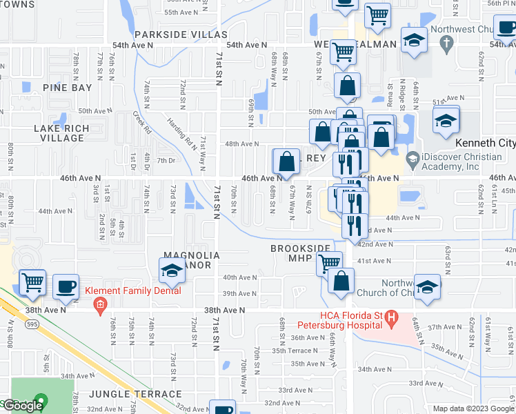 map of restaurants, bars, coffee shops, grocery stores, and more near 6950 46th Avenue North in St. Petersburg