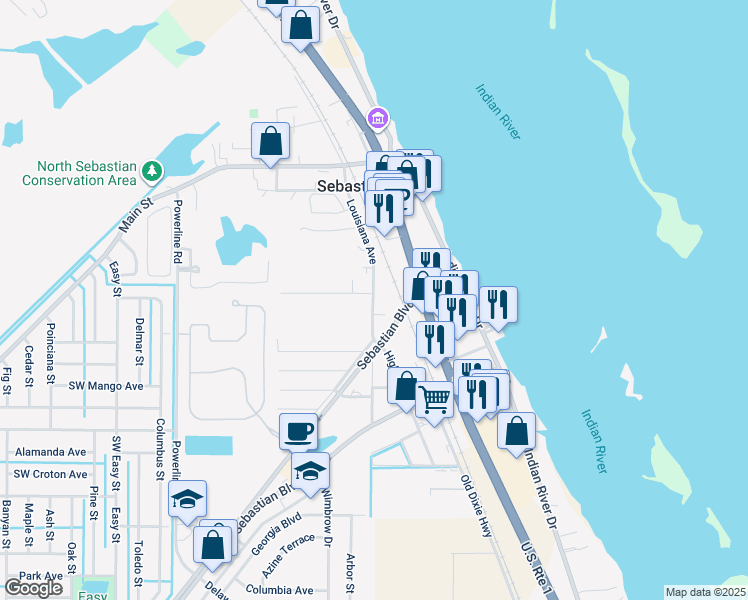 map of restaurants, bars, coffee shops, grocery stores, and more near 930 Louisiana Avenue in Sebastian