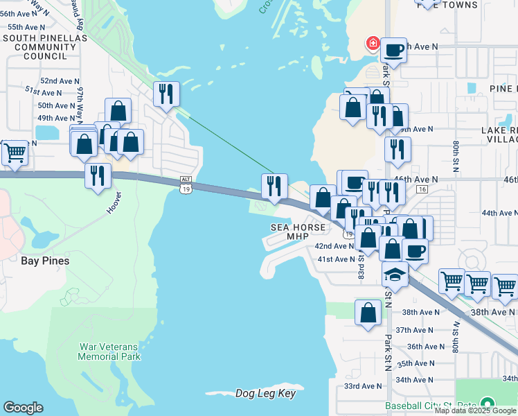 map of restaurants, bars, coffee shops, grocery stores, and more near 8800 Bay Pines Boulevard in St. Petersburg
