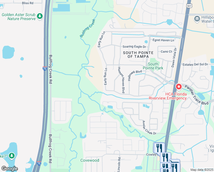 map of restaurants, bars, coffee shops, grocery stores, and more near 12909 Early Run Lane in Riverview