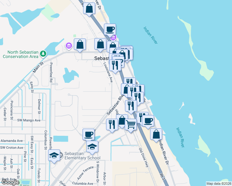 map of restaurants, bars, coffee shops, grocery stores, and more near 930 Louisiana Avenue in Sebastian