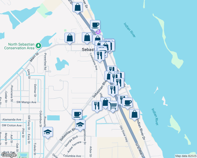 map of restaurants, bars, coffee shops, grocery stores, and more near 930 Louisiana Avenue in Sebastian