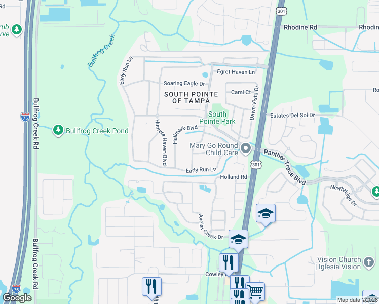 map of restaurants, bars, coffee shops, grocery stores, and more near 12608 Midpointe Drive in Riverview