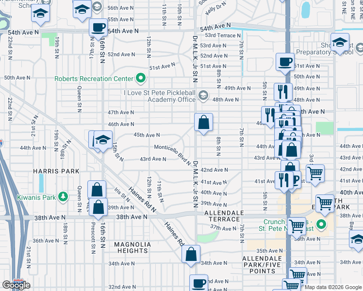 map of restaurants, bars, coffee shops, grocery stores, and more near 1004 Monticello Boulevard North in St. Petersburg