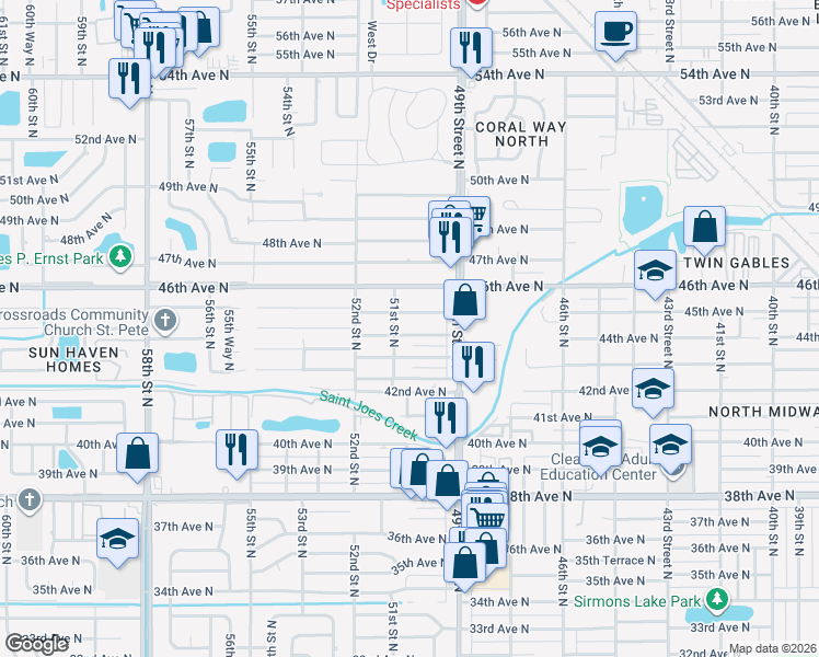 map of restaurants, bars, coffee shops, grocery stores, and more near 5001 44th Avenue North in St. Petersburg