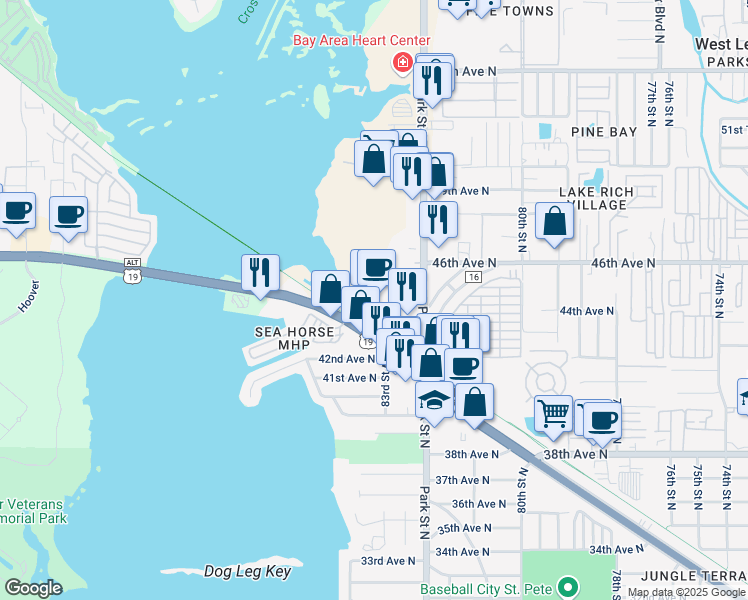 map of restaurants, bars, coffee shops, grocery stores, and more near 4450 Park Street North in St. Petersburg