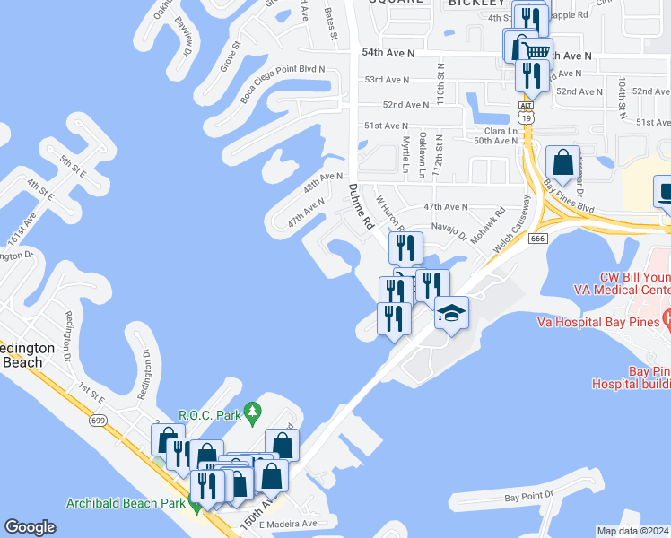 map of restaurants, bars, coffee shops, grocery stores, and more near 4575 Cove Circle in St. Petersburg