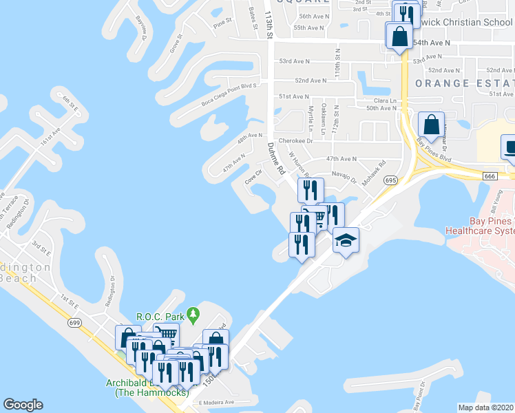 map of restaurants, bars, coffee shops, grocery stores, and more near 4575 Cove Circle in St. Petersburg