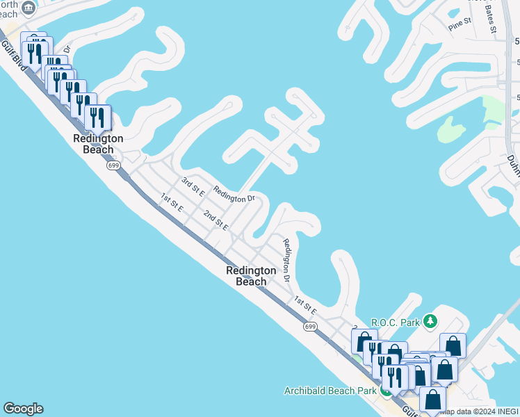 map of restaurants, bars, coffee shops, grocery stores, and more near 16025 Redington Drive in Redington Beach