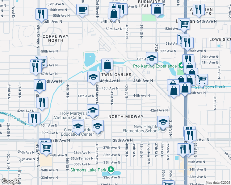 map of restaurants, bars, coffee shops, grocery stores, and more near 4051 45th Avenue North in St. Petersburg