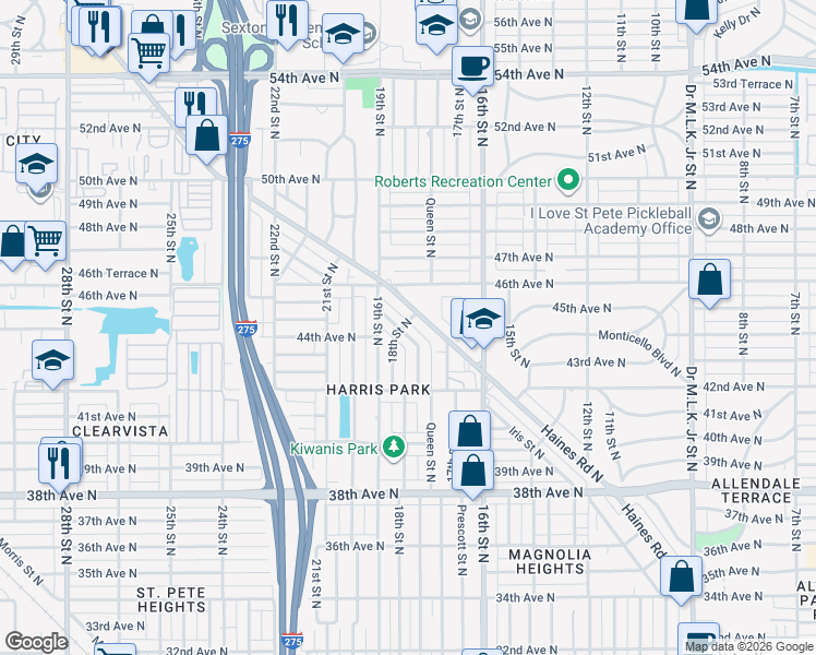 map of restaurants, bars, coffee shops, grocery stores, and more near 4465 Haines Road North in St. Petersburg