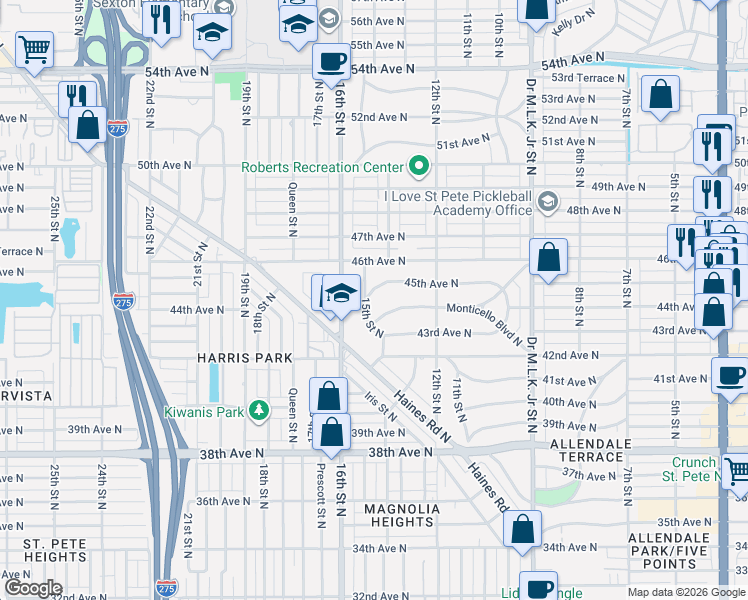 map of restaurants, bars, coffee shops, grocery stores, and more near 1400 45th Avenue North in St. Petersburg