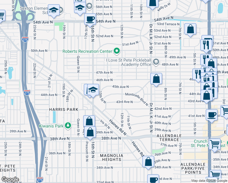 map of restaurants, bars, coffee shops, grocery stores, and more near 1219 45th Avenue North in St. Petersburg