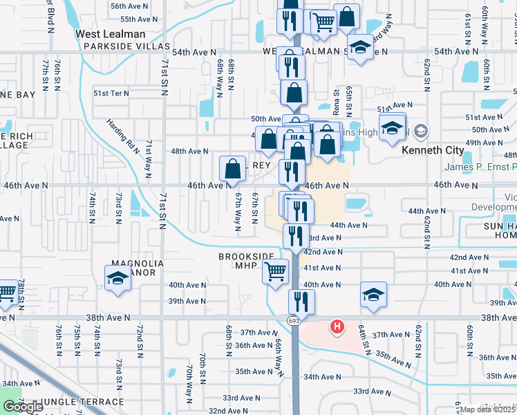 map of restaurants, bars, coffee shops, grocery stores, and more near 4445 67th Street North in Saint Petersburg