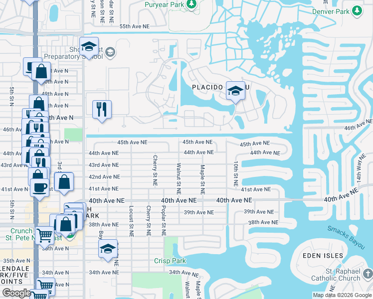 map of restaurants, bars, coffee shops, grocery stores, and more near 701 45th Avenue Northeast in St. Petersburg