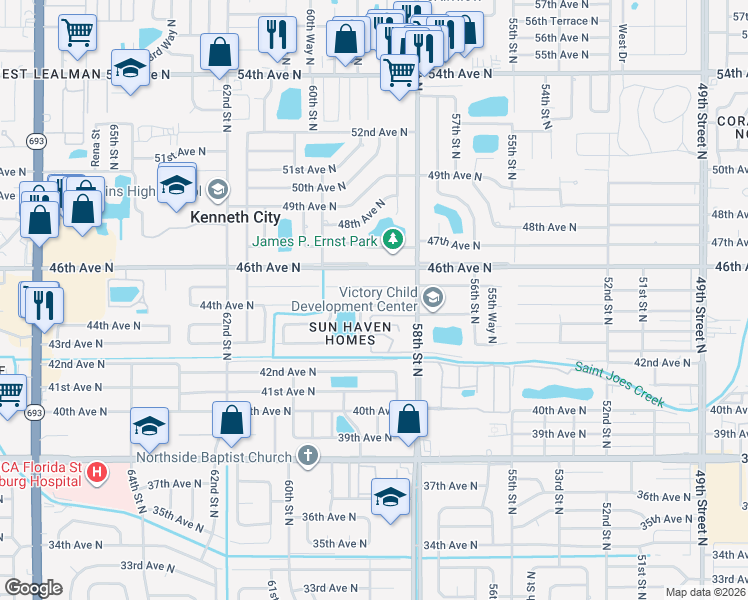 map of restaurants, bars, coffee shops, grocery stores, and more near 5911 45th Avenue North in St. Petersburg