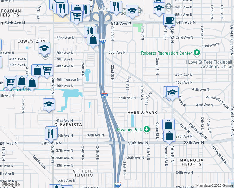 map of restaurants, bars, coffee shops, grocery stores, and more near 2134 Salem Avenue North in St. Petersburg