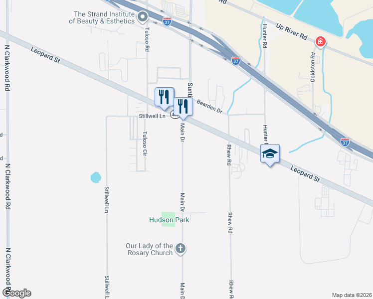 map of restaurants, bars, coffee shops, grocery stores, and more near 1713 Main Drive in Corpus Christi