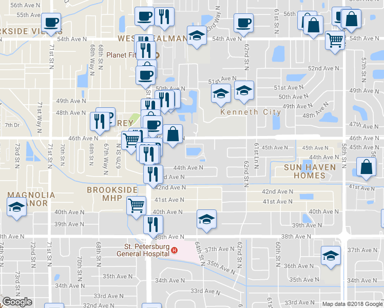 map of restaurants, bars, coffee shops, grocery stores, and more near 6400 46th Avenue North in Saint Petersburg