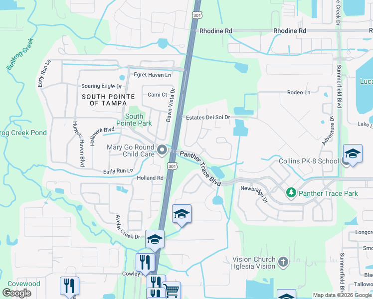 map of restaurants, bars, coffee shops, grocery stores, and more near 12411 Foxmoor Peak Drive in Riverview