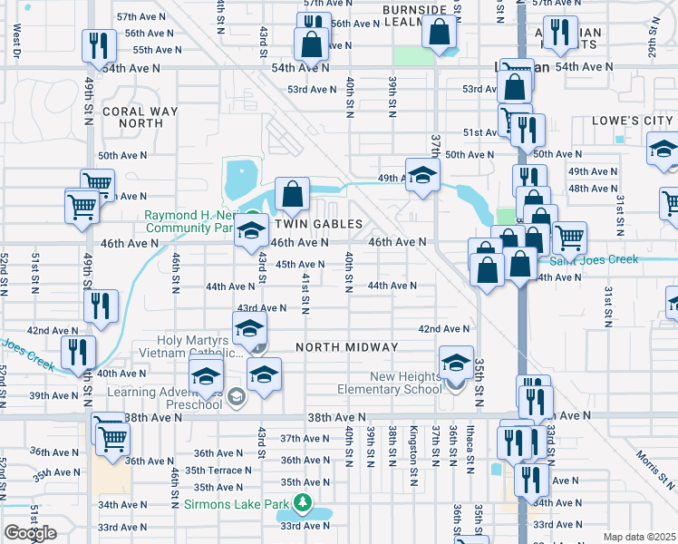 map of restaurants, bars, coffee shops, grocery stores, and more near 3993 45th Avenue North in St. Petersburg