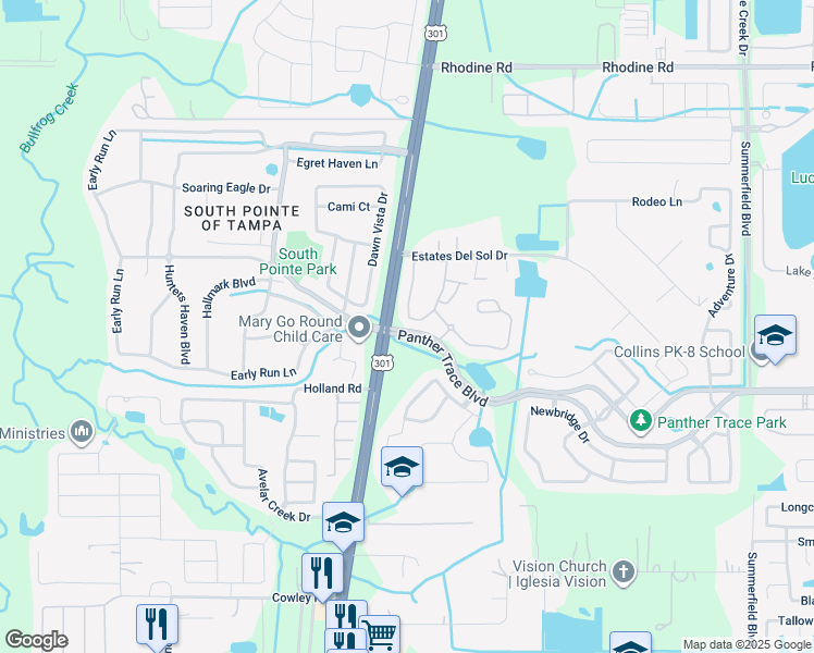 map of restaurants, bars, coffee shops, grocery stores, and more near 12403 Foxmoor Peak Drive in Riverview