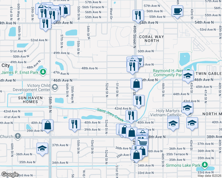 map of restaurants, bars, coffee shops, grocery stores, and more near 4501 52nd Street North in St. Petersburg